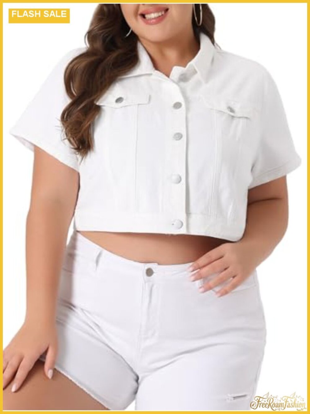 Plus Size Cropped Denim Jacket Short Sleeve Button Down Women Jean